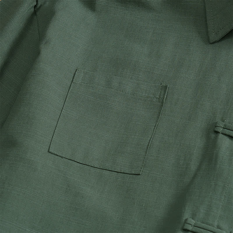 Buddha Stones Camicia da uomo estiva casual a maniche corte con bottoni a rana, tinta unita e tasche applicate, stile Tang. - image 14