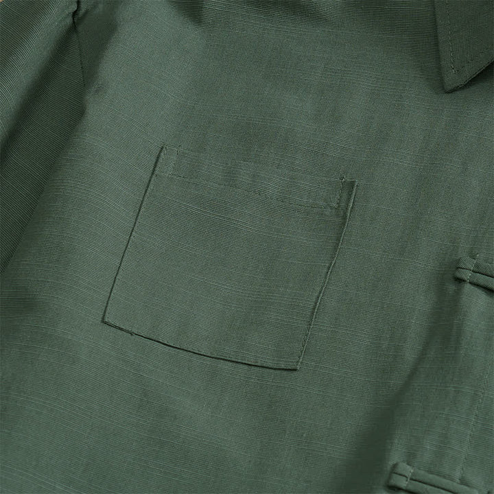 Buddha Stones Camicia da uomo estiva casual a maniche corte con bottoni a rana, tinta unita e tasche applicate, stile Tang. - image 14