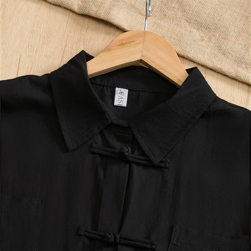 Buddha Stones Camicia da uomo estiva casual a maniche corte con bottoni a rana, tinta unita e tasche applicate, stile Tang. - image 19