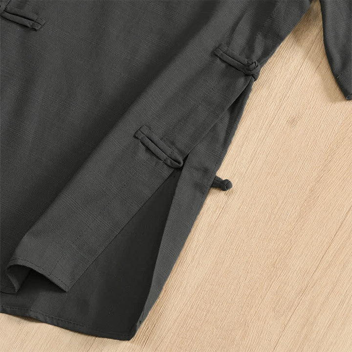 Buddha Stones Camicia da uomo estiva casual a maniche corte con bottoni a rana, tinta unita e tasche applicate, stile Tang. - image 7