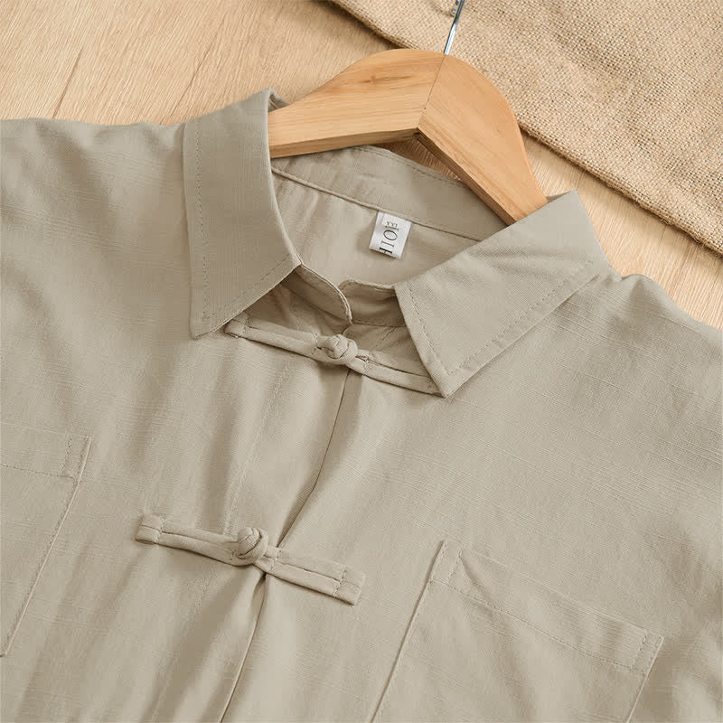 Buddha Stones Camicia da uomo estiva casual a maniche corte con bottoni a rana, tinta unita e tasche applicate, stile Tang. - image 27