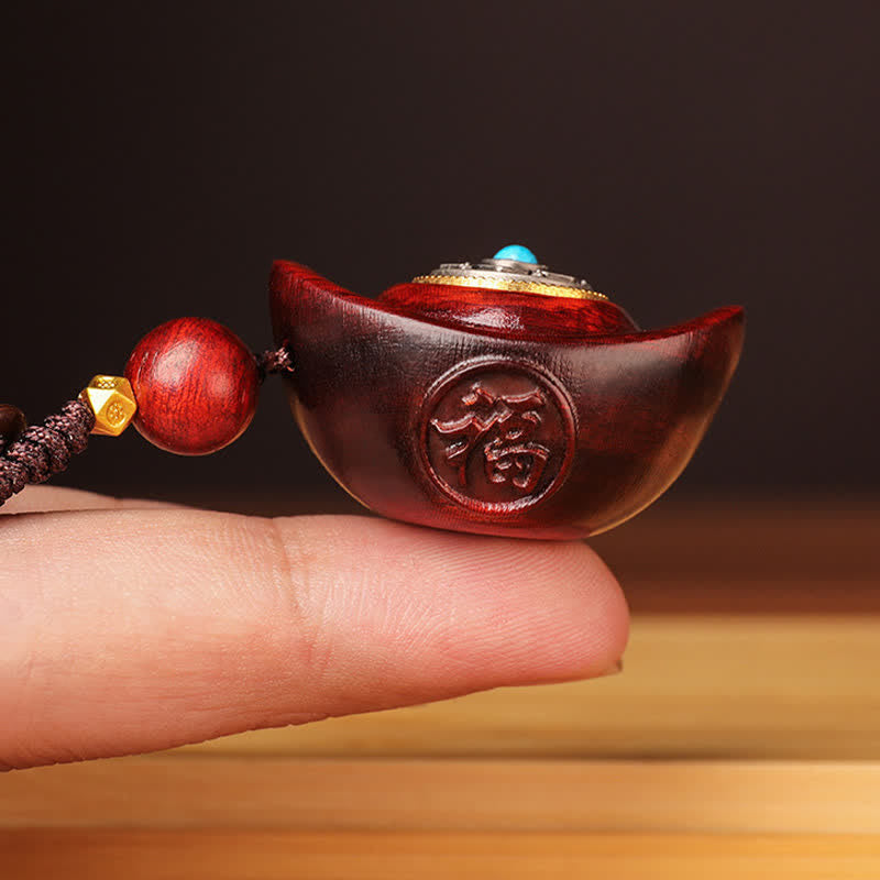 Buddha Stones Portachiavi con saggezza Om Mani Padme Hum Yuanbao in legno di sandalo rosso - image 2