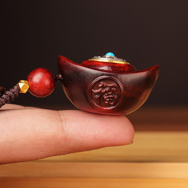 Buddha Stones Portachiavi con saggezza Om Mani Padme Hum Yuanbao in legno di sandalo rosso - image 2