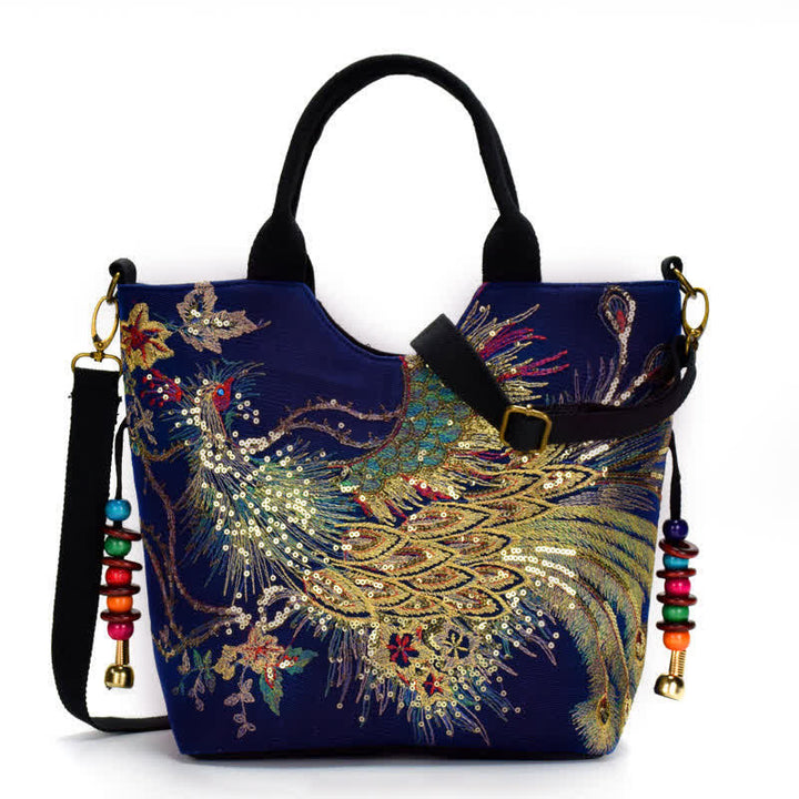 Borsa tote con ricamo a doppia faccia e motivo pavone Buddha Stones, borsa a tracolla, borsa a spalla - Pavone blu scuro - Borsa a tracolla/Borsa tote - image 0