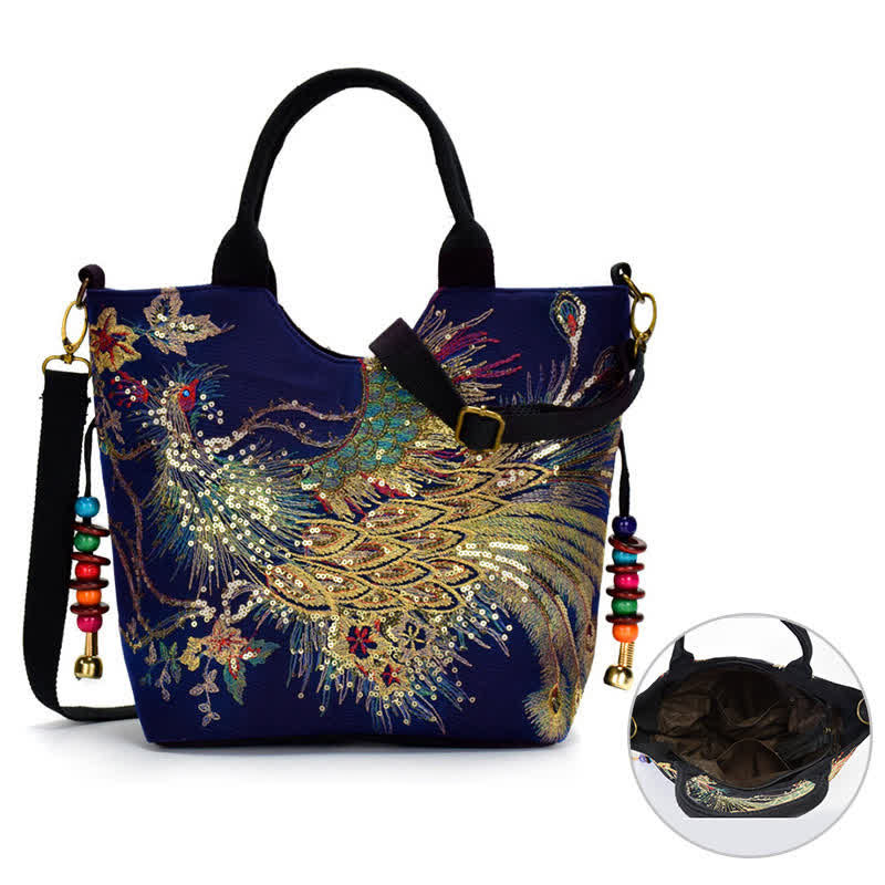 Borsa tote con ricamo a doppia faccia e motivo pavone Buddha Stones, borsa a tracolla, borsa a spalla - image 1