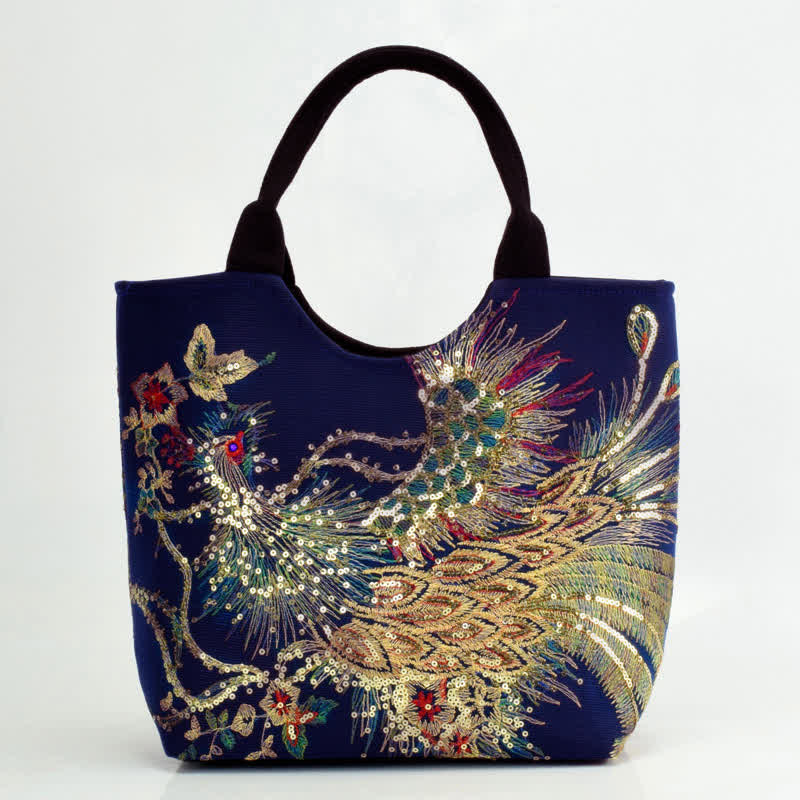 Borsa tote con ricamo a doppia faccia e motivo pavone Buddha Stones, borsa a tracolla, borsa a spalla - Pavone blu scuro - Semplice borsa a tracolla - image 4