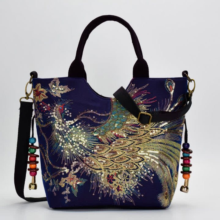 Borsa tote con ricamo a doppia faccia e motivo pavone Buddha Stones, borsa a tracolla, borsa a spalla - image 3