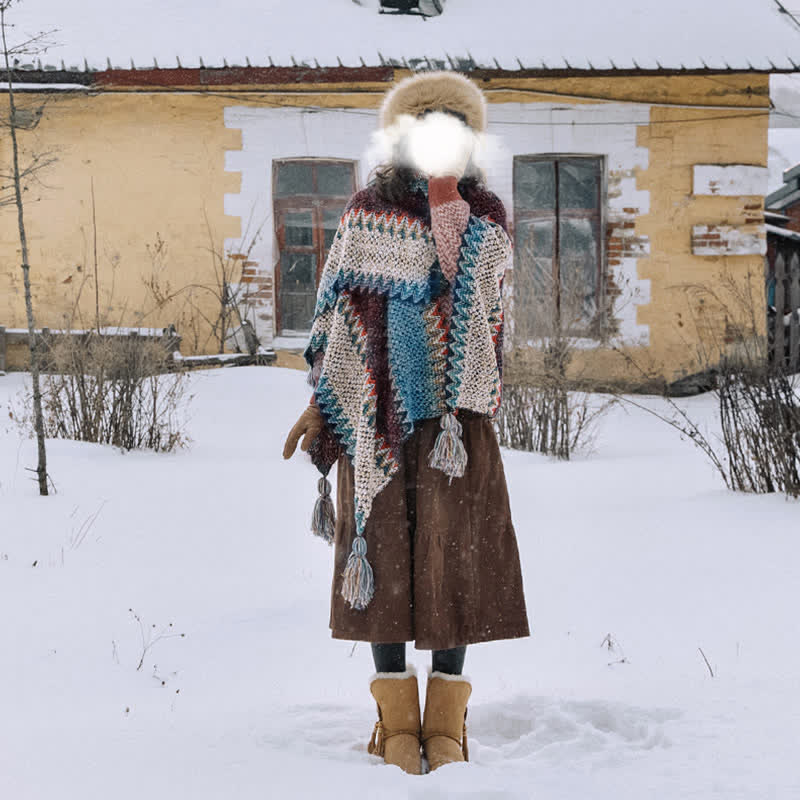 Sciarpa tibetana con Buddha Stones , blu, beige e rossa, con motivo ondulato, calda e invernale, con nappe. - image 1