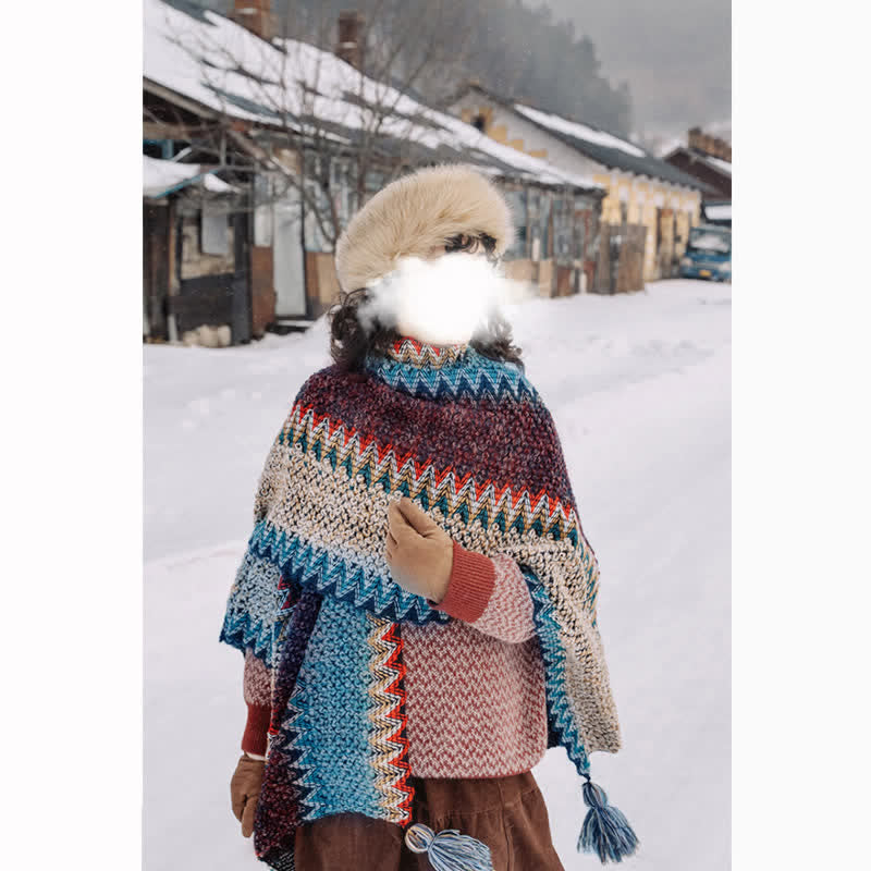 Sciarpa tibetana con Buddha Stones , blu, beige e rossa, con motivo ondulato, calda e invernale, con nappe. - image 3