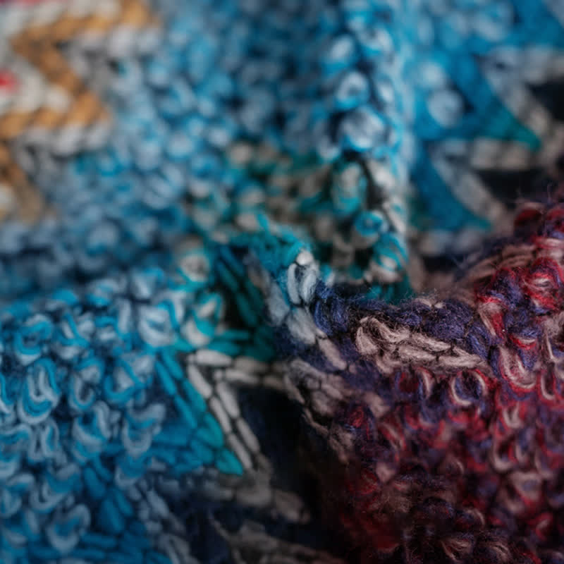 Sciarpa tibetana con Buddha Stones , blu, beige e rossa, con motivo ondulato, calda e invernale, con nappe. - image 9