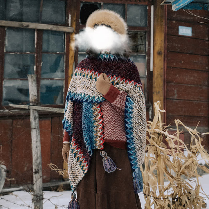Sciarpa tibetana con Buddha Stones , blu, beige e rossa, con motivo ondulato, calda e invernale, con nappe. - image 2