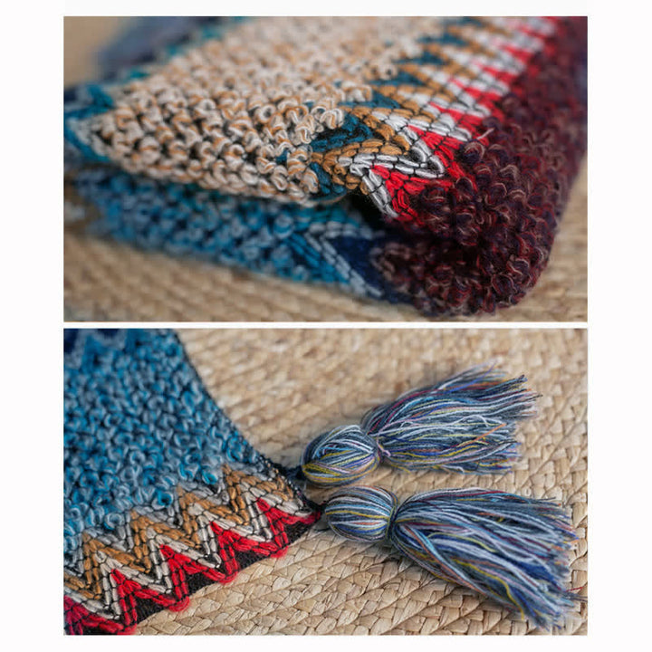 Sciarpa tibetana con Buddha Stones , blu, beige e rossa, con motivo ondulato, calda e invernale, con nappe. - image 10