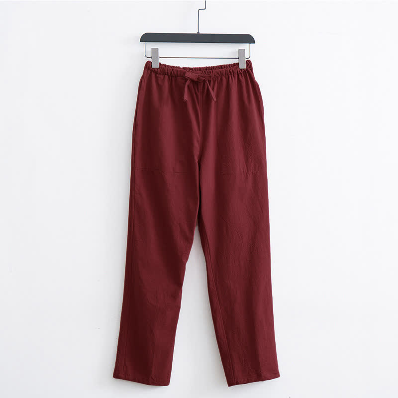 Pantaloni casual da uomo Buddha Stones in cotone tinta unita con coulisse e tasche - Cremisi - US/UK/AU44, EU54 (4XL)  - image 9