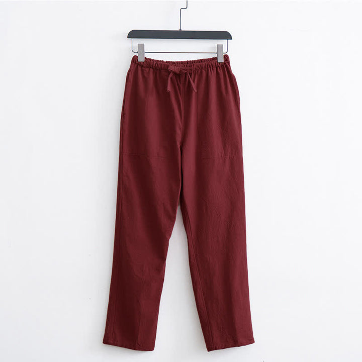Pantaloni casual da uomo Buddha Stones in cotone tinta unita con coulisse e tasche - Cremisi - US/UK/AU44, EU54 (4XL)  - image 9