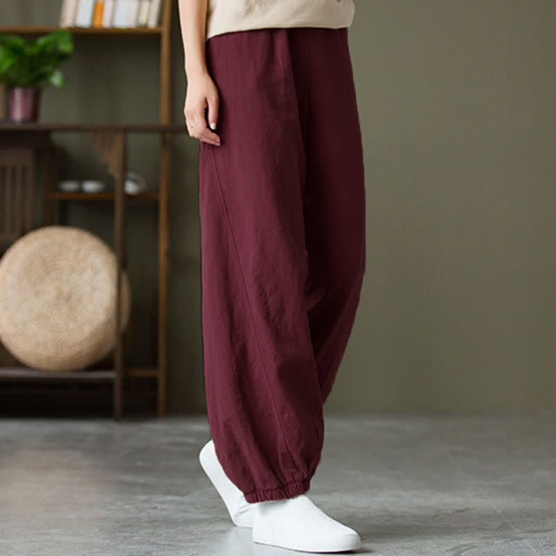 Pantaloni da donna in ramia, lino e cotone, tinta unita, con tasche, con stampa Buddha Stones. - Rosso viola pallido - US6， UK/AU10，EU38 (L) - image 56