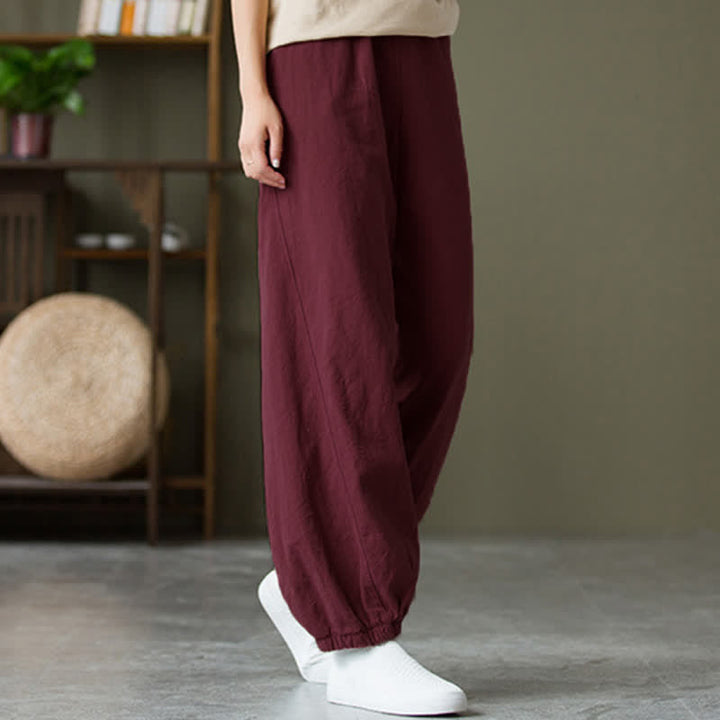 Pantaloni da donna in ramia, lino e cotone, tinta unita, con tasche, con stampa Buddha Stones. - Rosso viola pallido - US6， UK/AU10，EU38 (L) - image 56