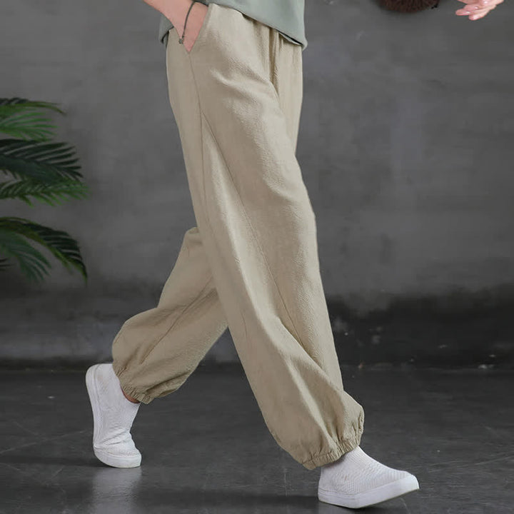Pantaloni da donna in ramia, lino e cotone, tinta unita, con tasche, con stampa Buddha Stones. - image 17