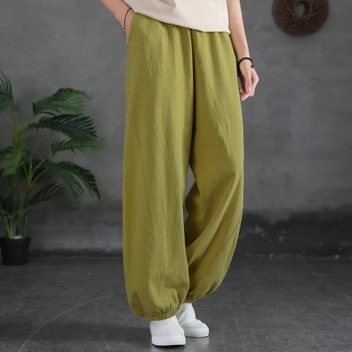 Pantaloni da donna in ramia, lino e cotone, tinta unita, con tasche, con stampa Buddha Stones. - GialloVerde - US6， UK/AU10，EU38 (L) - image 19