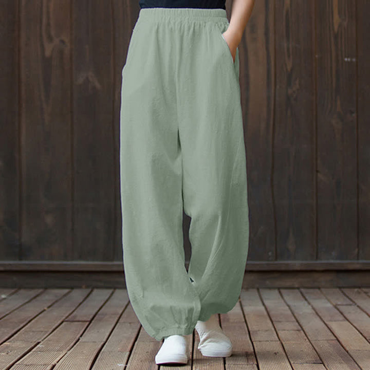 Pantaloni da donna in ramia, lino e cotone, tinta unita, con tasche, con stampa Buddha Stones. - Crema alla menta - US6， UK/AU10，EU38 (L) - image 67