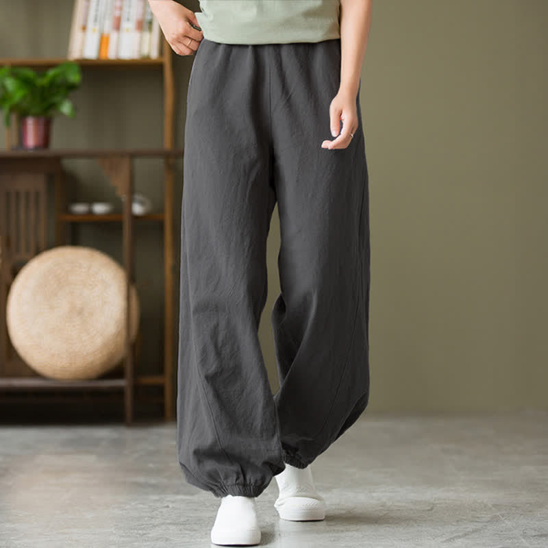 Pantaloni da donna in ramia, lino e cotone, tinta unita, con tasche, con stampa Buddha Stones. - image 2