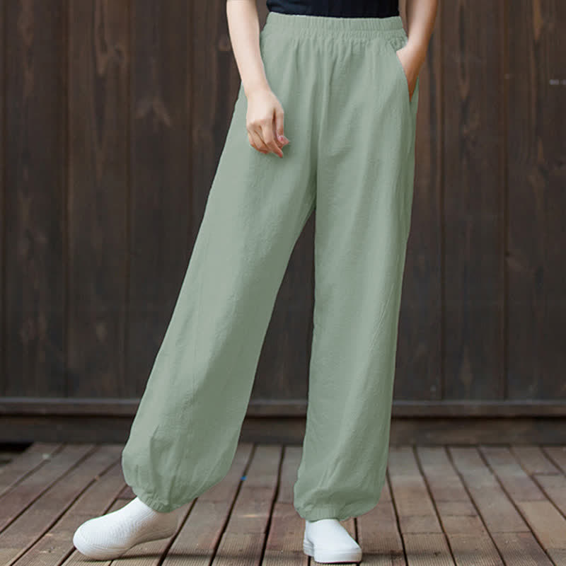 Pantaloni da donna in ramia, lino e cotone, tinta unita, con tasche, con stampa Buddha Stones. - image 70