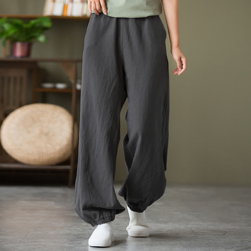 Pantaloni da donna in ramia, lino e cotone, tinta unita, con tasche, con stampa Buddha Stones. - Grigio scuro - US6， UK/AU10，EU38 (L) - image 0