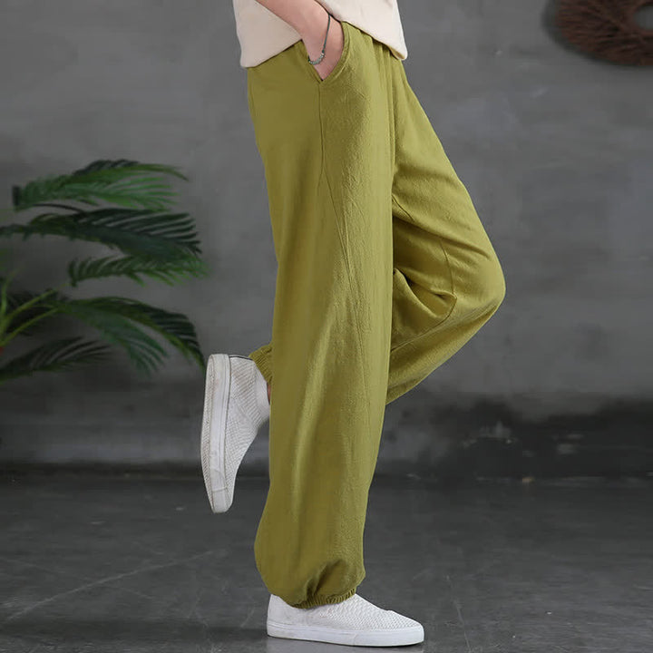Pantaloni da donna in ramia, lino e cotone, tinta unita, con tasche, con stampa Buddha Stones. - image 20