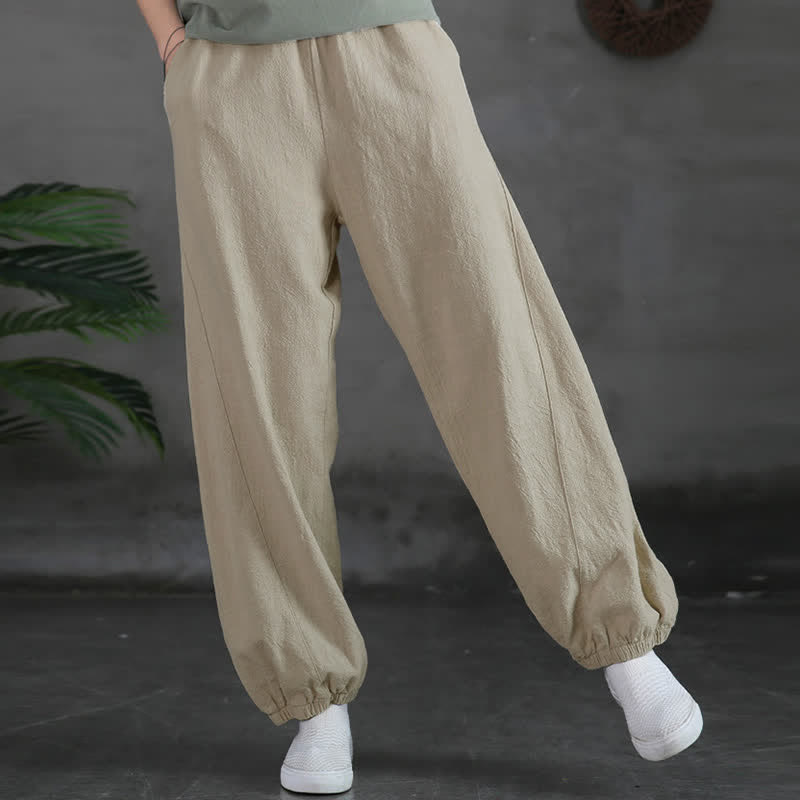 Pantaloni da donna in ramia, lino e cotone, tinta unita, con tasche, con stampa Buddha Stones. - image 16
