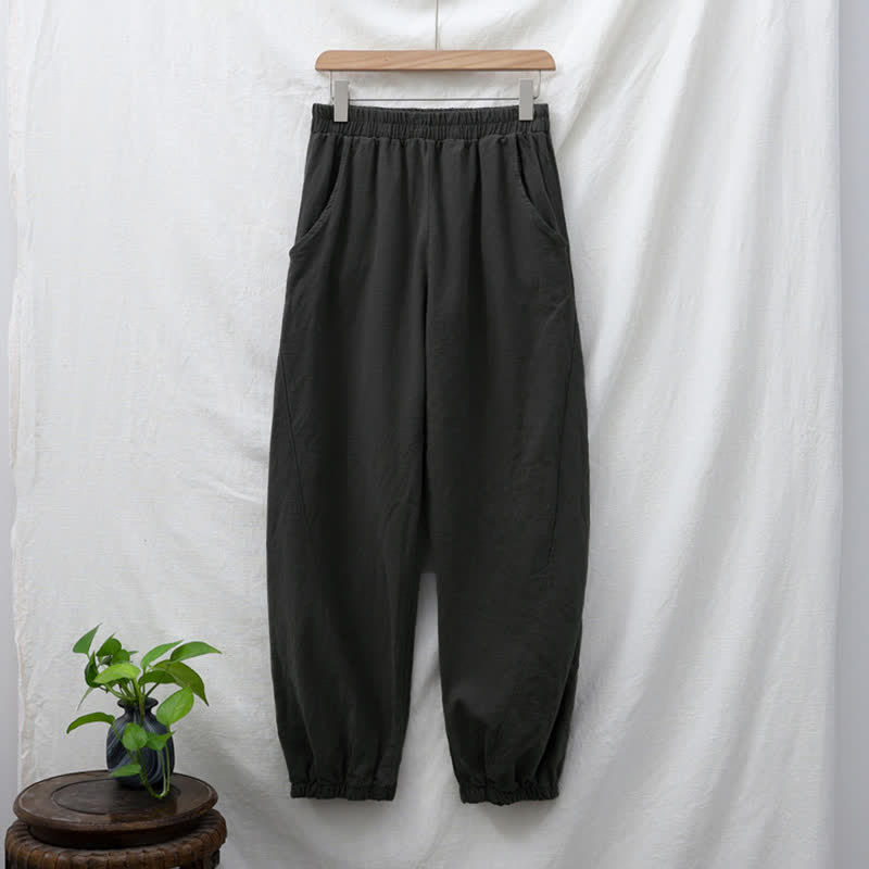 Pantaloni da donna in ramia, lino e cotone, tinta unita, con tasche, con stampa Buddha Stones. - image 9