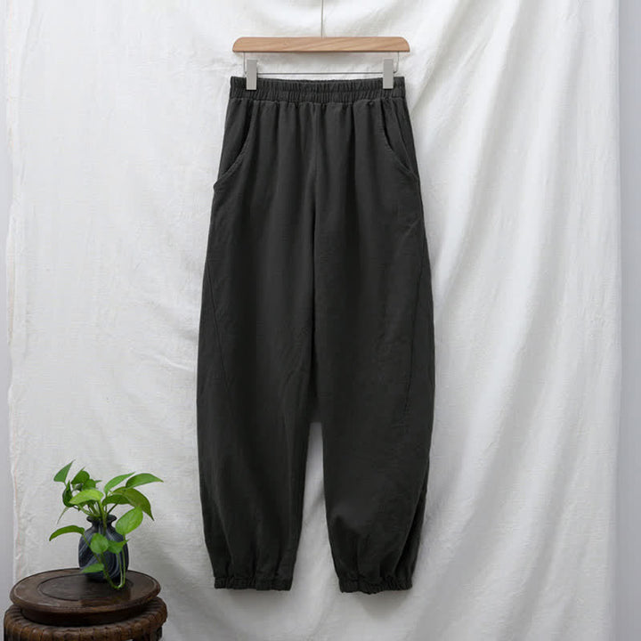 Pantaloni da donna in ramia, lino e cotone, tinta unita, con tasche, con stampa Buddha Stones. - image 9