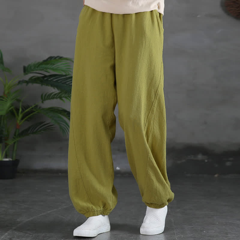 Pantaloni da donna in ramia, lino e cotone, tinta unita, con tasche, con stampa Buddha Stones. - image 25
