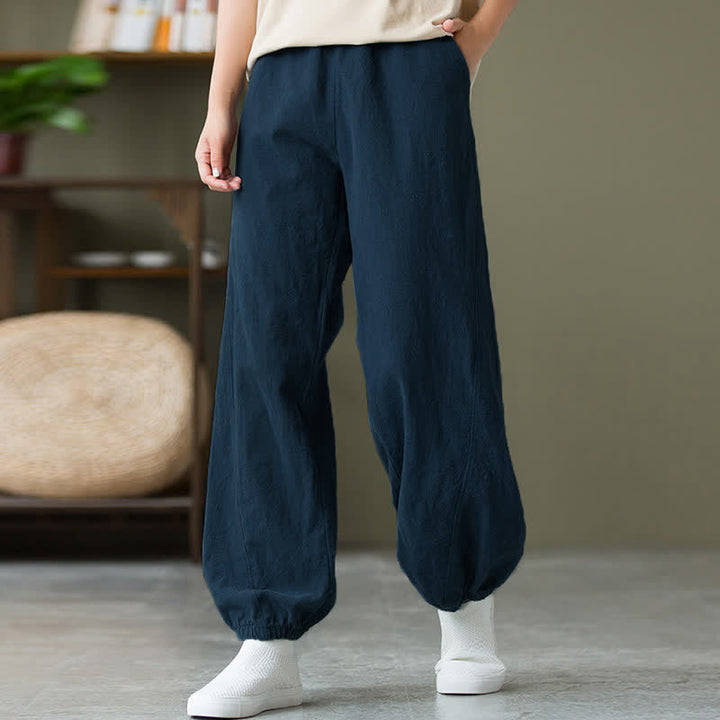 Pantaloni da donna in ramia, lino e cotone, tinta unita, con tasche, con stampa Buddha Stones. - image 49