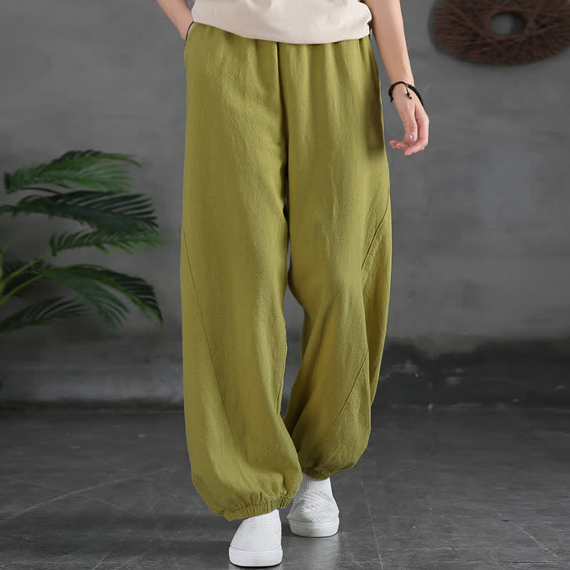 Pantaloni da donna in ramia, lino e cotone, tinta unita, con tasche, con stampa Buddha Stones. - image 21