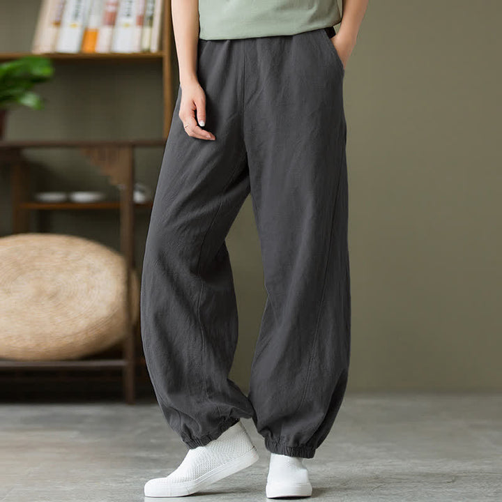 Pantaloni da donna in ramia, lino e cotone, tinta unita, con tasche, con stampa Buddha Stones. - image 4