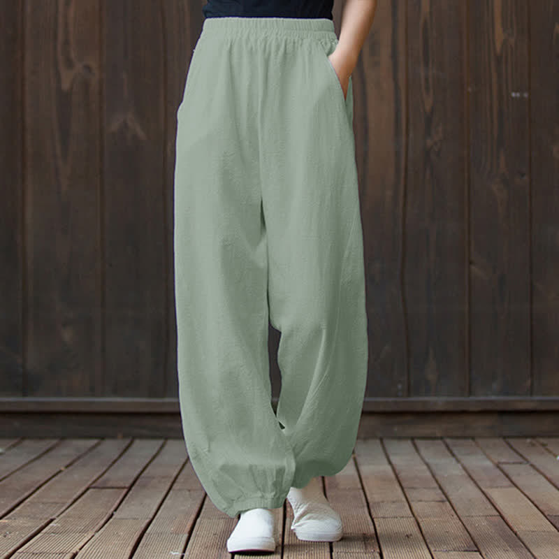 Pantaloni da donna in ramia, lino e cotone, tinta unita, con tasche, con stampa Buddha Stones. - image 68