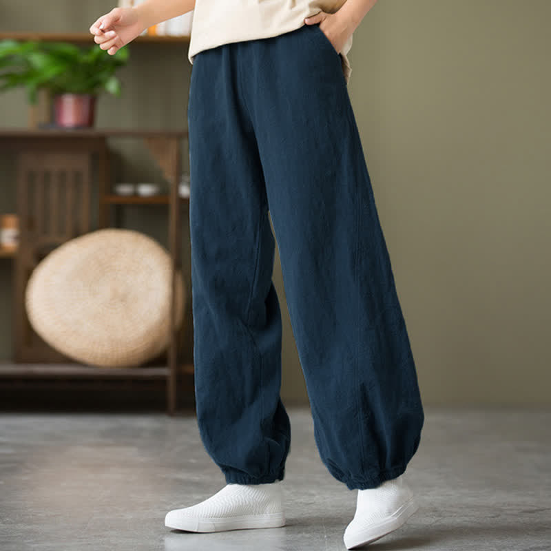Pantaloni da donna in ramia, lino e cotone, tinta unita, con tasche, con stampa Buddha Stones. - image 50