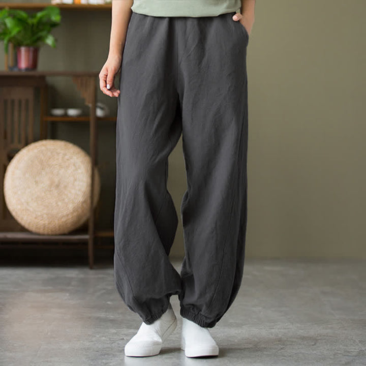 Pantaloni da donna in ramia, lino e cotone, tinta unita, con tasche, con stampa Buddha Stones. - image 3