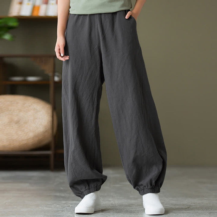 Pantaloni da donna in ramia, lino e cotone, tinta unita, con tasche, con stampa Buddha Stones. - image 6