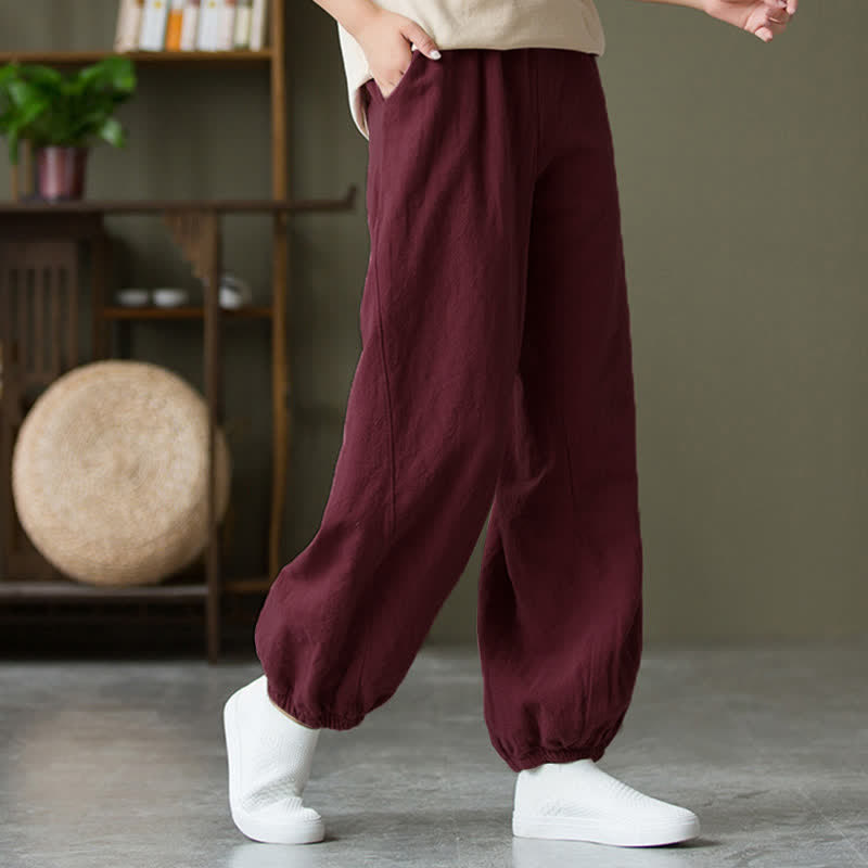 Pantaloni da donna in ramia, lino e cotone, tinta unita, con tasche, con stampa Buddha Stones. - image 61