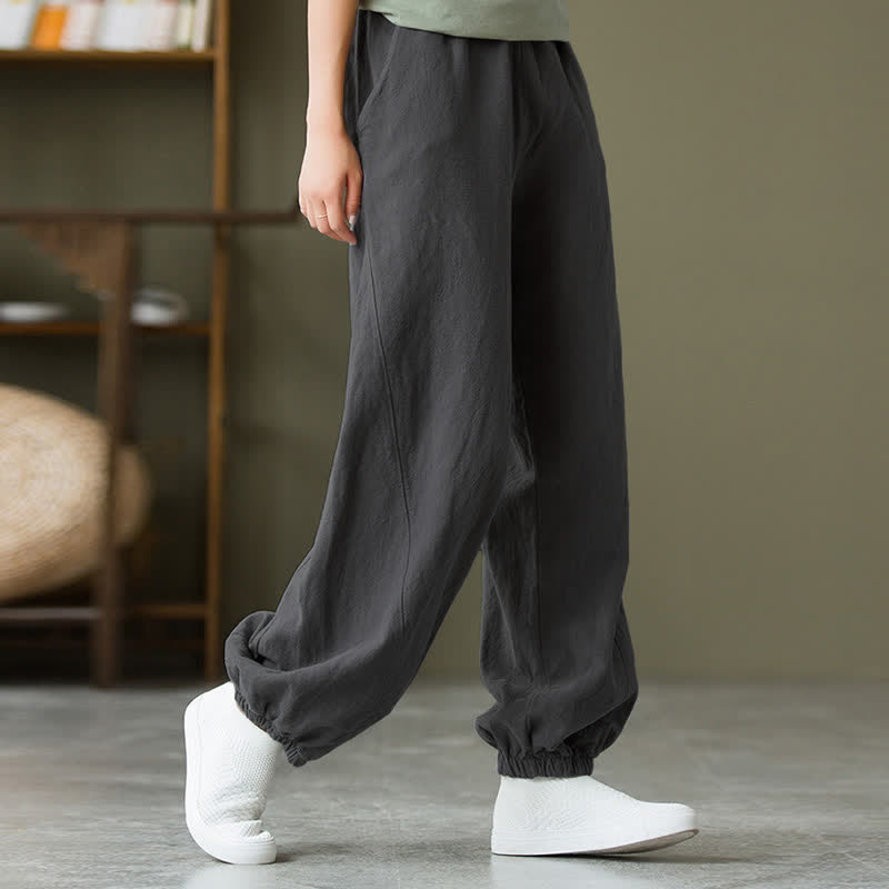 Pantaloni da donna in ramia, lino e cotone, tinta unita, con tasche, con stampa Buddha Stones. - image 7