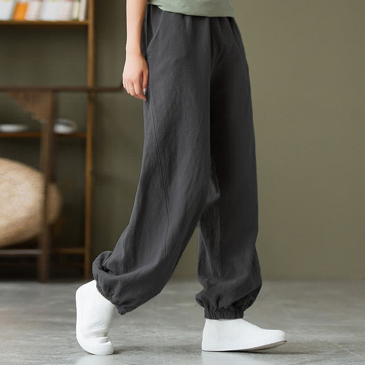 Pantaloni da donna in ramia, lino e cotone, tinta unita, con tasche, con stampa Buddha Stones. - image 7