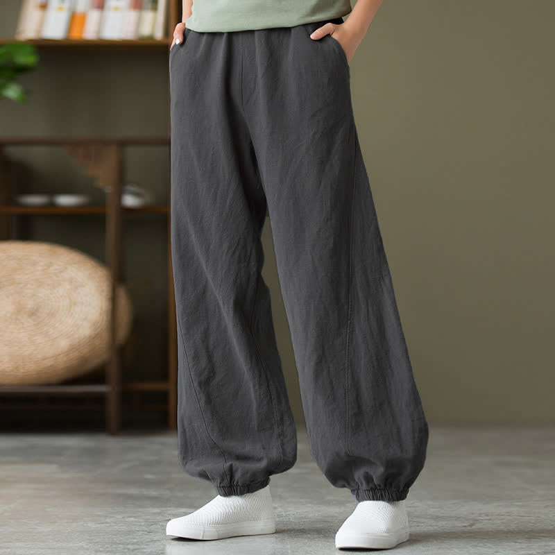 Pantaloni da donna in ramia, lino e cotone, tinta unita, con tasche, con stampa Buddha Stones. - image 8