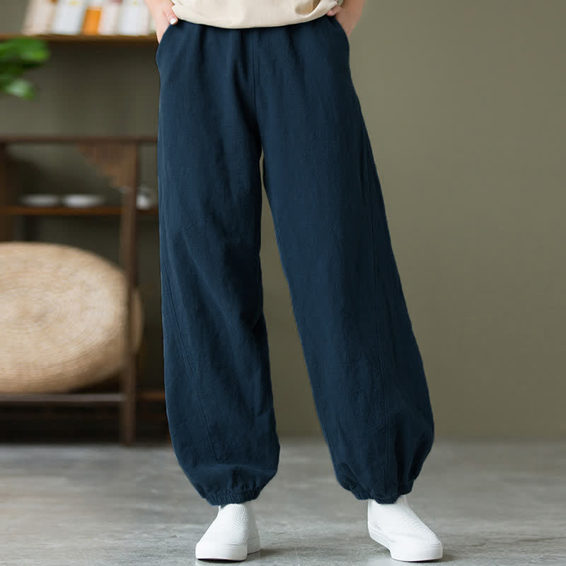 Pantaloni da donna in ramia, lino e cotone, tinta unita, con tasche, con stampa Buddha Stones. - image 53