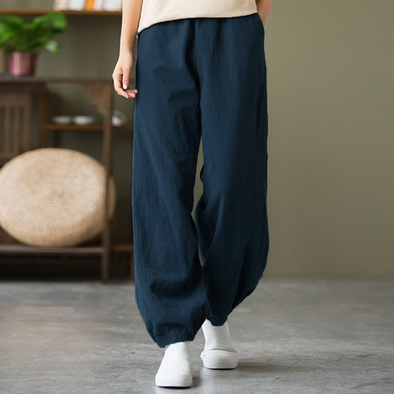 Pantaloni da donna in ramia, lino e cotone, tinta unita, con tasche, con stampa Buddha Stones. - SteelBlue - US6， UK/AU10，EU38 (L) - image 47