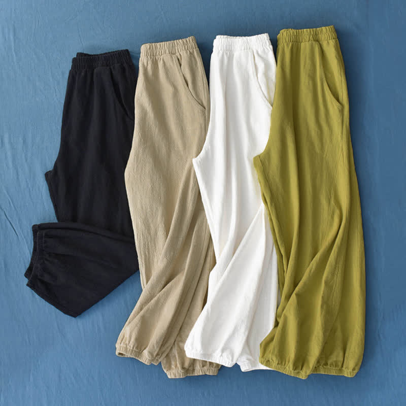 Pantaloni da donna in ramia, lino e cotone, tinta unita, con tasche, con stampa Buddha Stones. - image 1