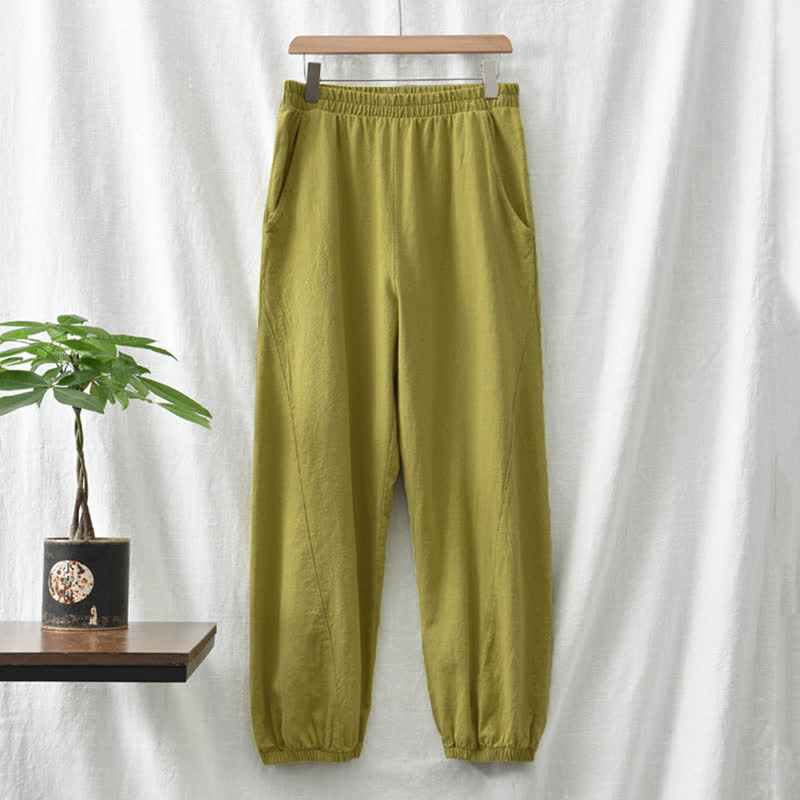 Pantaloni da donna in ramia, lino e cotone, tinta unita, con tasche, con stampa Buddha Stones. - image 27