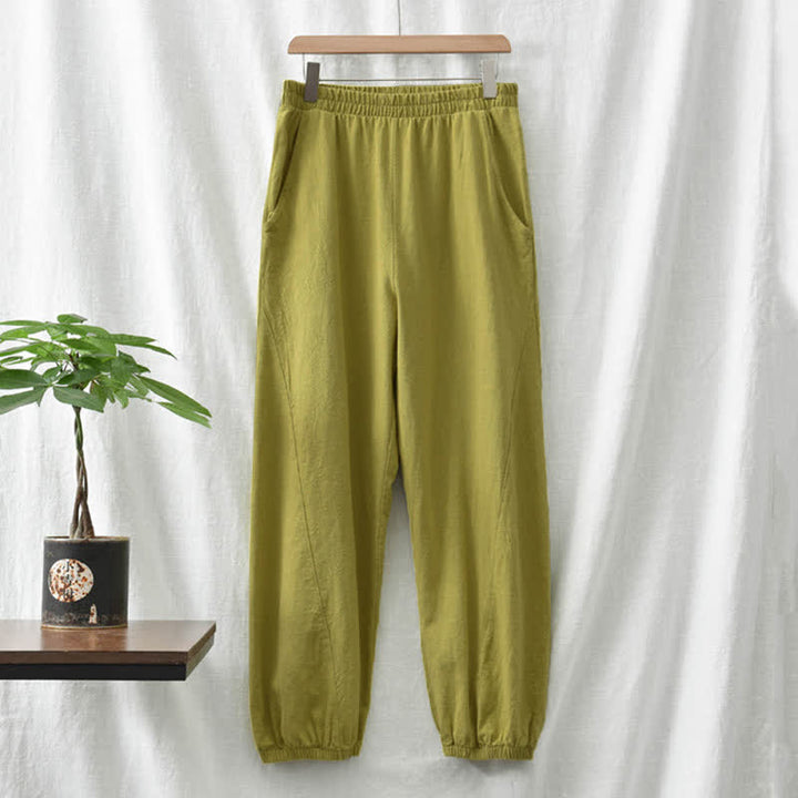 Pantaloni da donna in ramia, lino e cotone, tinta unita, con tasche, con stampa Buddha Stones. - image 27
