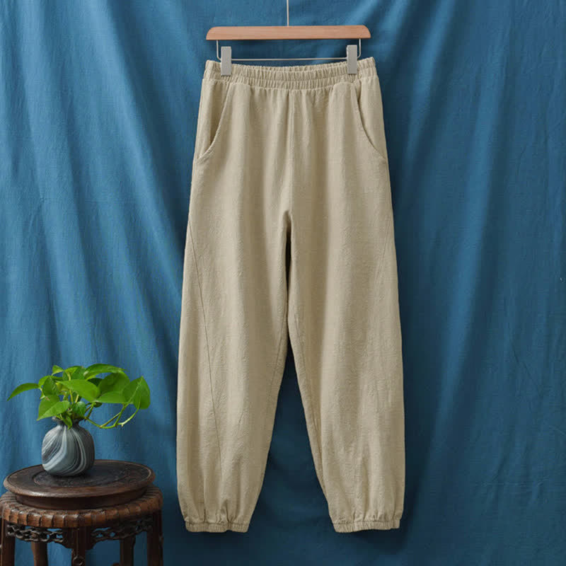 Pantaloni da donna in ramia, lino e cotone, tinta unita, con tasche, con stampa Buddha Stones. - image 18