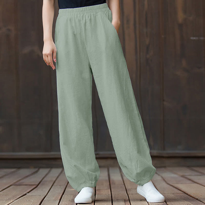 Pantaloni da donna in ramia, lino e cotone, tinta unita, con tasche, con stampa Buddha Stones. - image 69