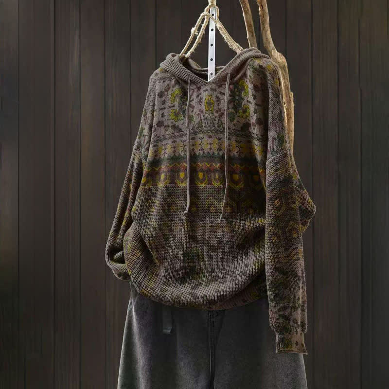 Felpa con cappuccio a maniche lunghe da donna in cotone con stampa Buddha Stones Fall Striped Geometric Flowers. - Cachi scuro - US4, UK/AU8, EU36-38 (F) - image 12